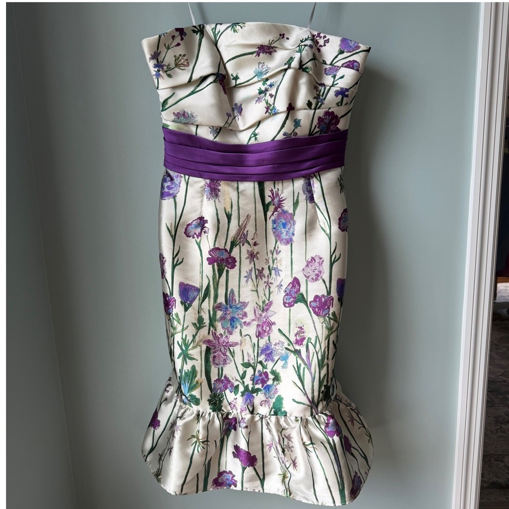 Marchesa Notte Erwina Strapless Floral Midi Dress Purple Bow Strapless Mermaid 8 - Picture 3 of 16